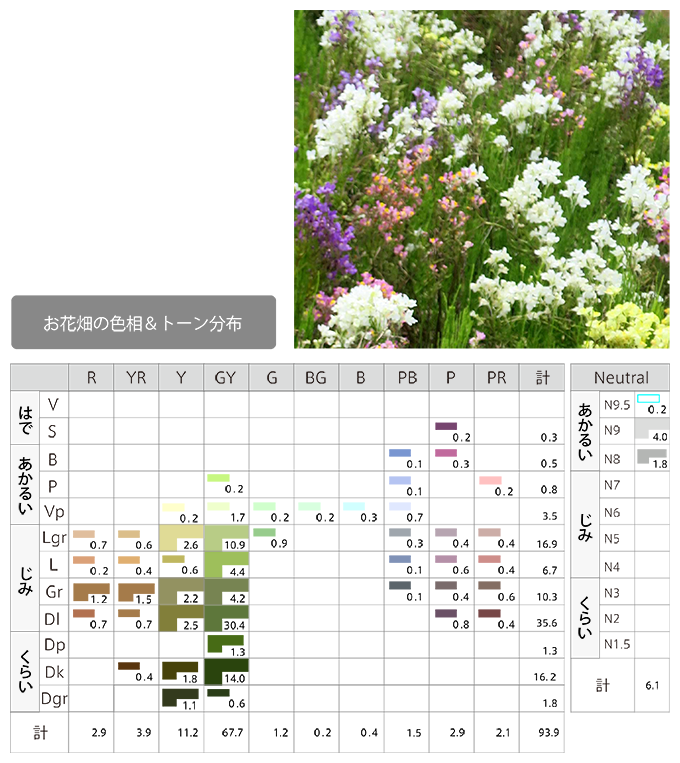 Flower garden hue and tone distribution